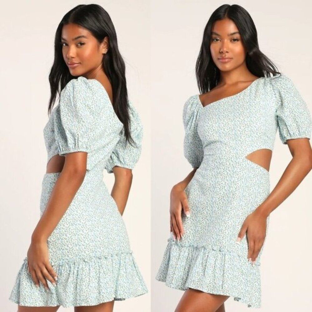 Asymmetrical Cutout Mini Dress‎ Lulu's Women's White Green Preppy Fairy Babydoll